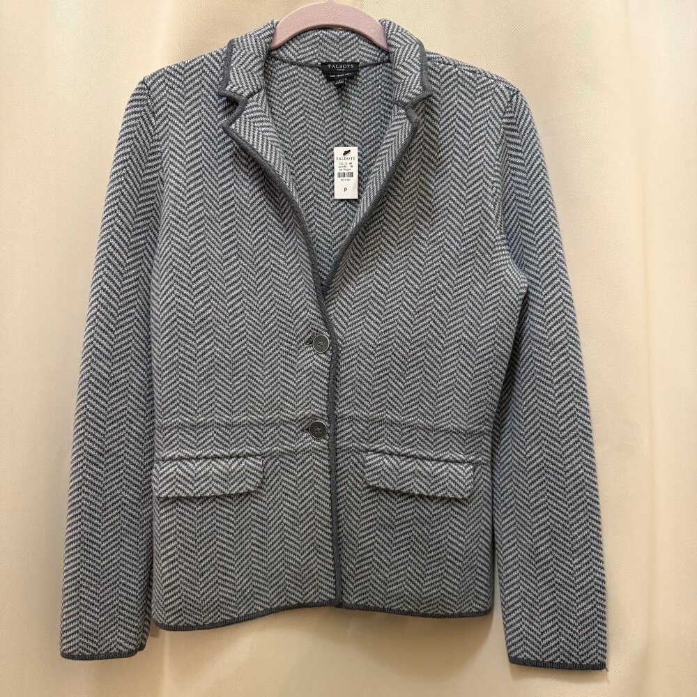 Talbots 100% Merino Wool Herringbone Knit Blazer Jacket Petite Gray NWT